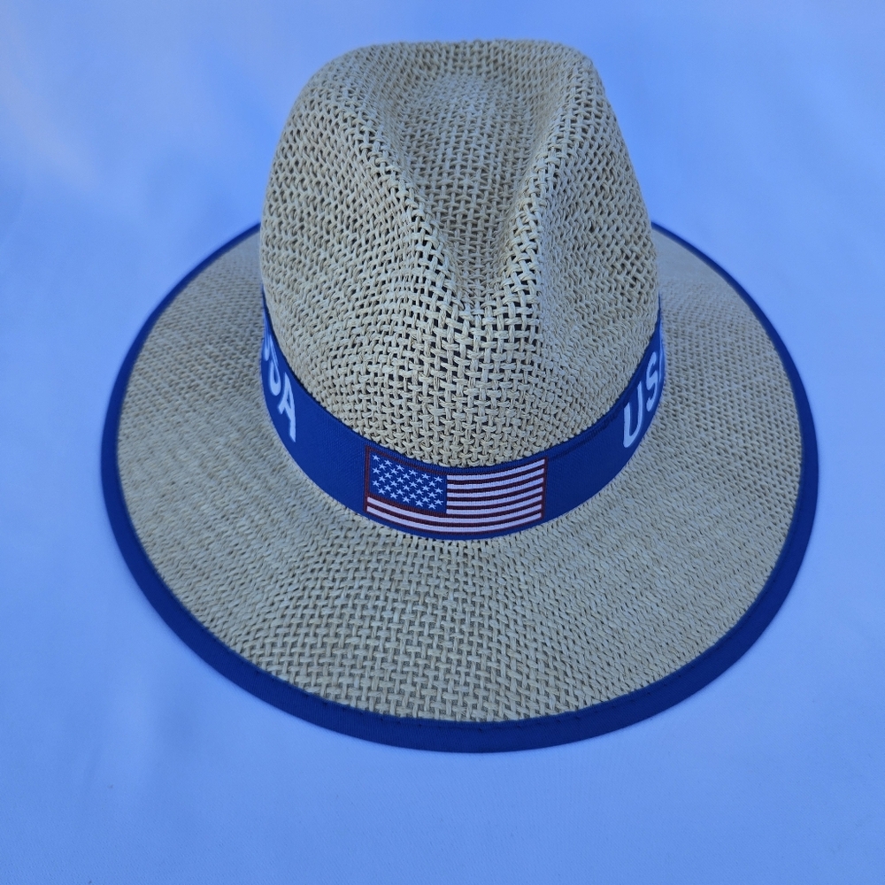 SUMMER PAPER HAT WITH USA FLAG RIBBON